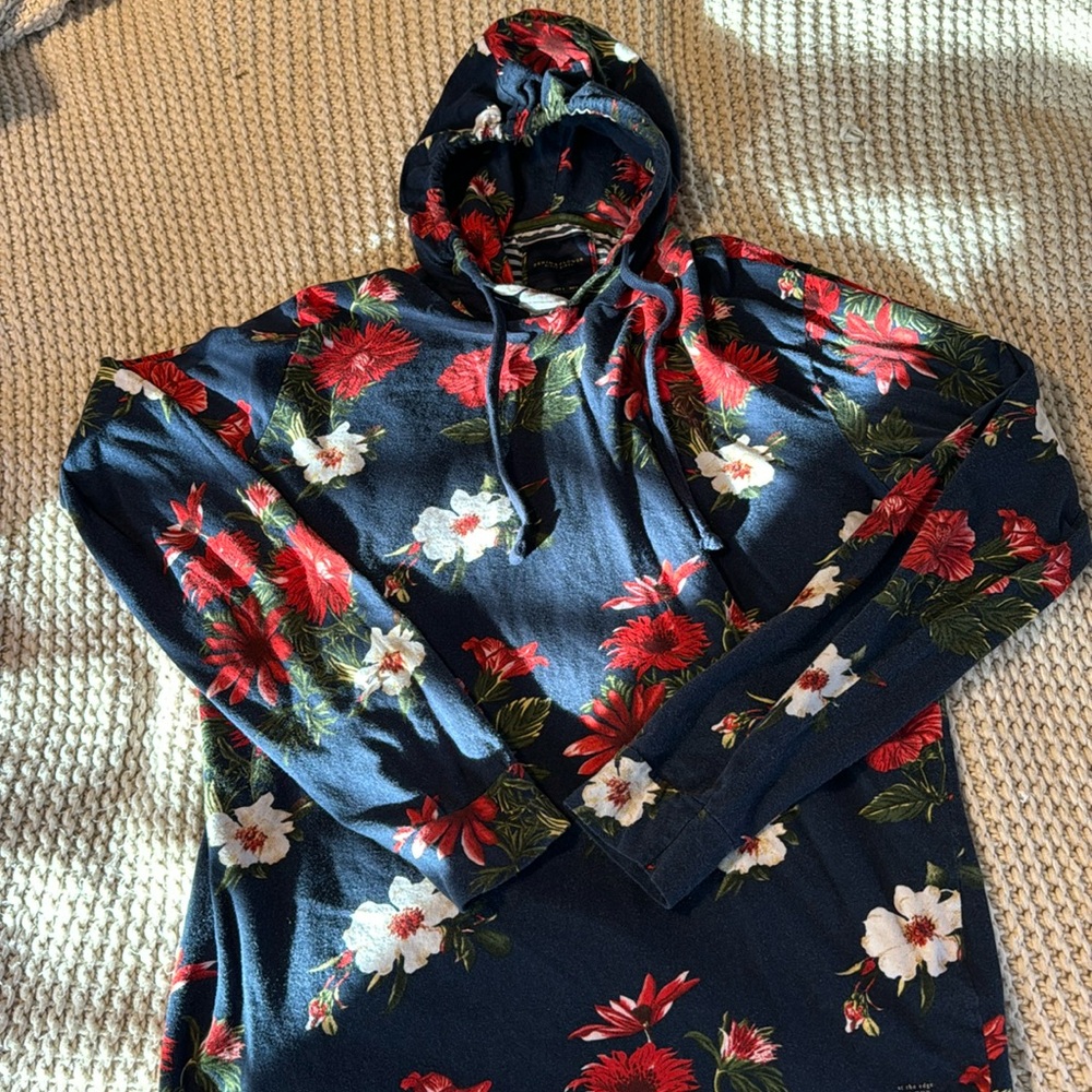 Men’s Denim and Flower Lightweight Hoodie in Flower Print- Large